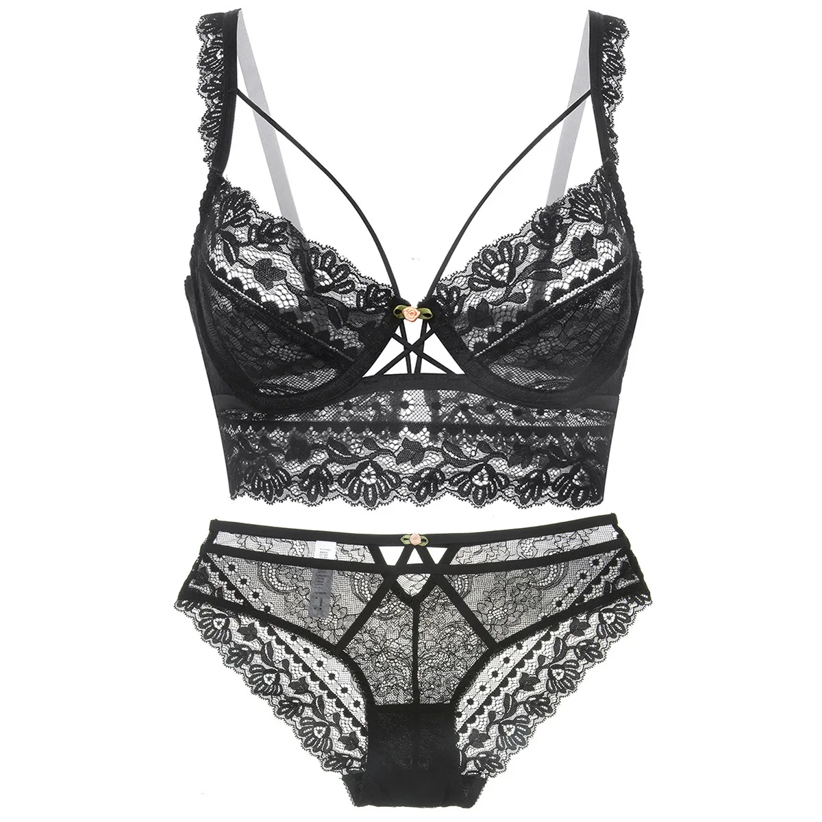 Women Bodysuit Lingerie Set One-piece Solid Lace Strappy Hollow Out  Shapewear Underwear Full Cup Underwire Sexy Bra Thong Suit