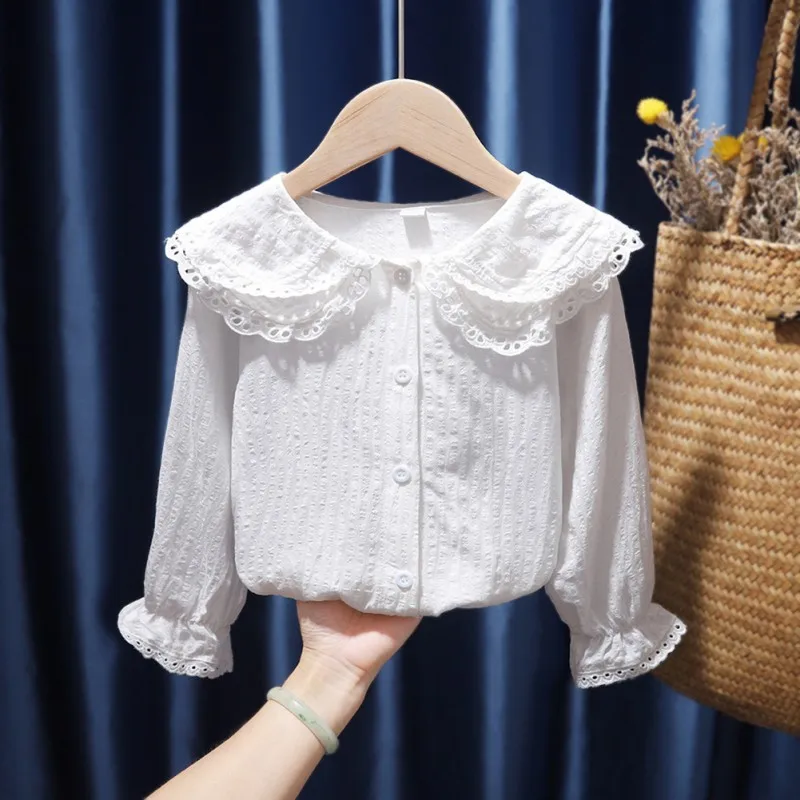 Kids Shirts Girls Fashion Blouses Children Style Lapel Blouse Flared Sleeves Tops Long-Sleeved Cotton Lace Casual Blouses
