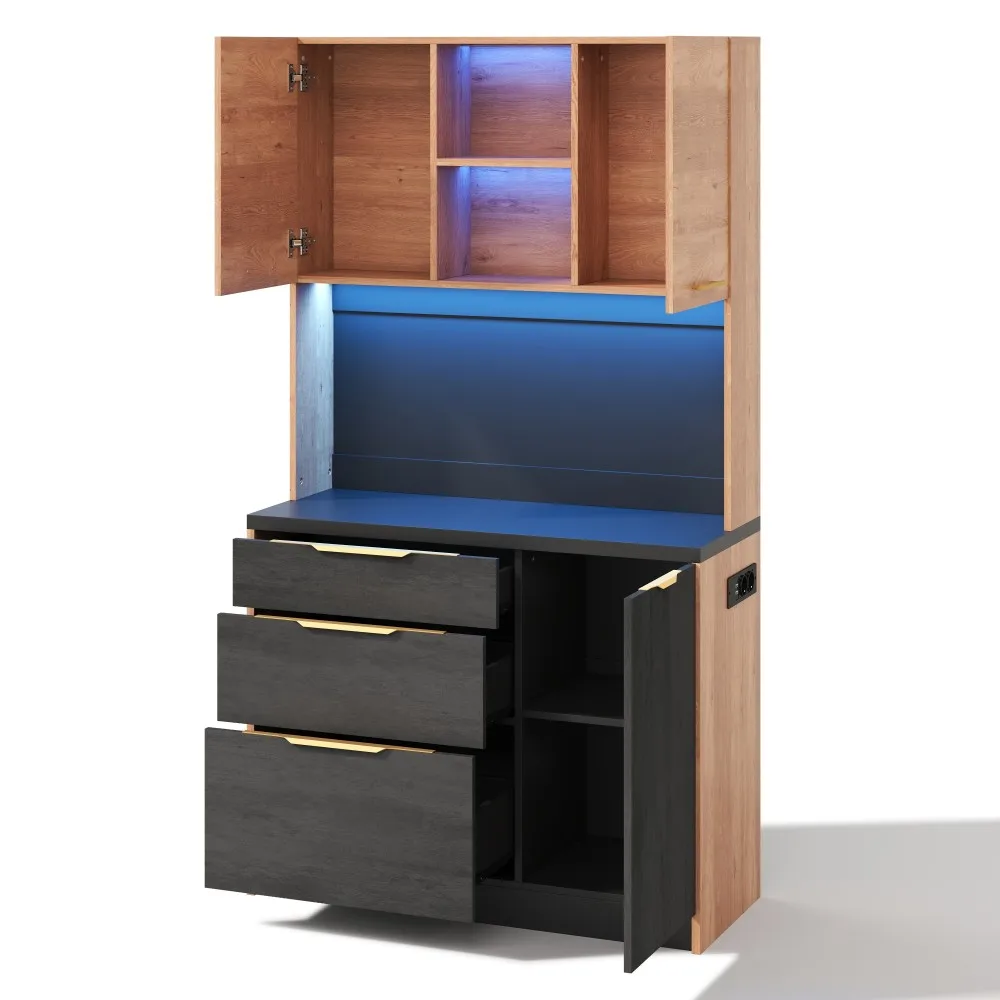 Stilvoller Küchenschrank, Schwarze Arbeitsplatte, Sideboard mit Verstellbarer LED-Beleuchtung und Steckdose, für Küchen, Esszimmer, Wohnzimmer – Detail 14