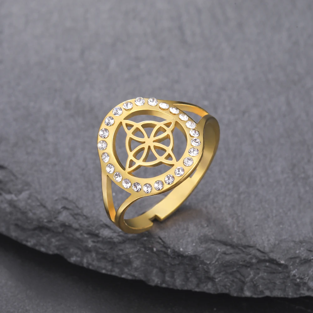Dawapara Witches Knot Adjustable Women’s Ring with Clear Zircon - Stainless Steel Religious Jewelry