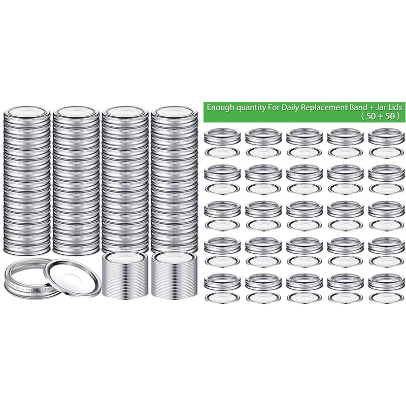 100 Pieces Canning Jar Lids And Bands Set Split-Type Lids With Silicone Seals Rings Leak Proof And Secure Canning