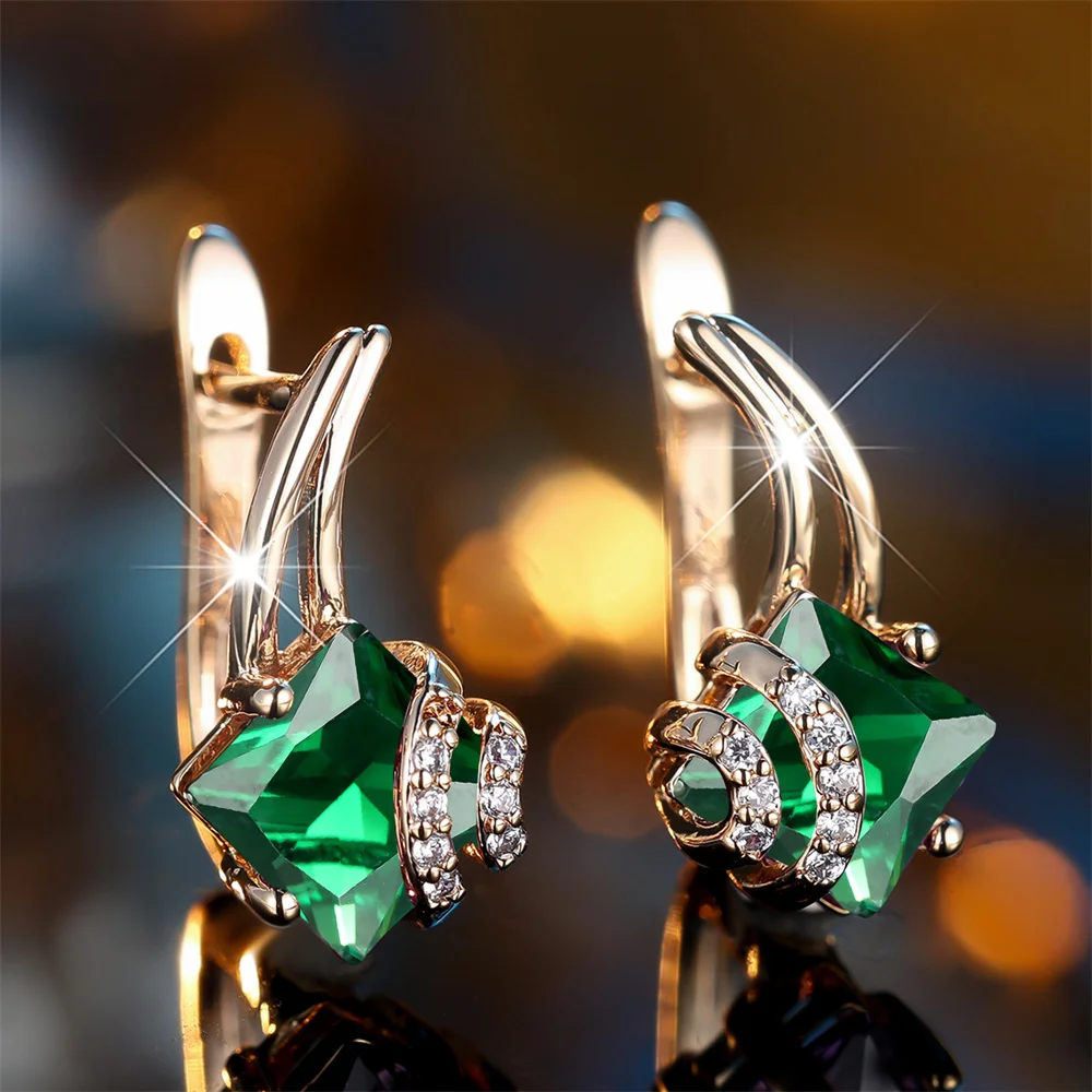 Cute Green Crystal Square Stone Geometric Hoop Earrings For Women Vintage Gold Color Ear Buckle Wedding Jewelry Engagement Gifts