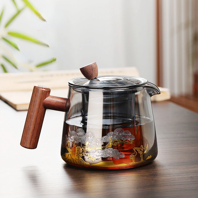 Glass Teapot High Temperature Glass Kettle Tea Set Wooden Handle Double  Layer Filter Tea Infuser Household Kitchen Container