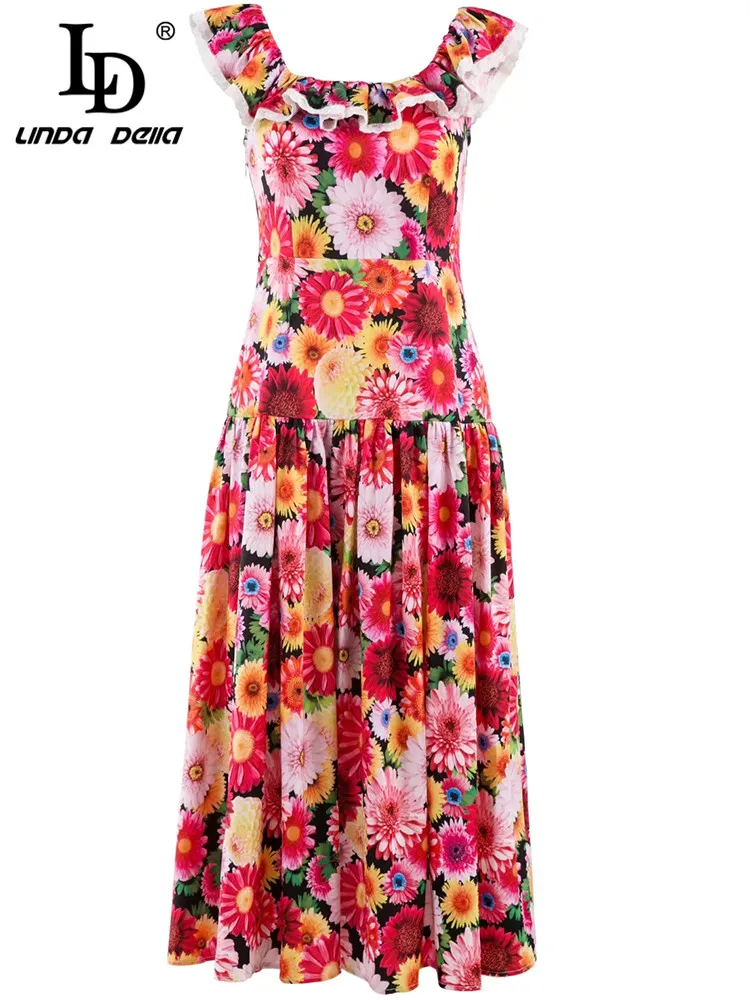 

LD LINDA DELLA 2023 Summer Runway Vacation Dress Women's Fashion Spaghetti Strap Flower Print Elegant Party Midi Dress