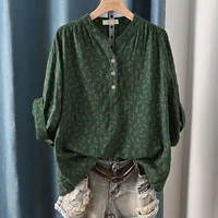 New Spring 100% Cotton Casual Shirt Women Batwing Sleeve Stand Collar Printed Top Girl OL Loose Blouses 2024 Summer T447104QM - Image 3