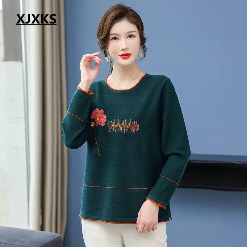 

XJXKS 2022 Autumn Winter New High-end Wool Pullover Women's Sweater Exquisite Print Round Neck Long-sleeved Knitted Top