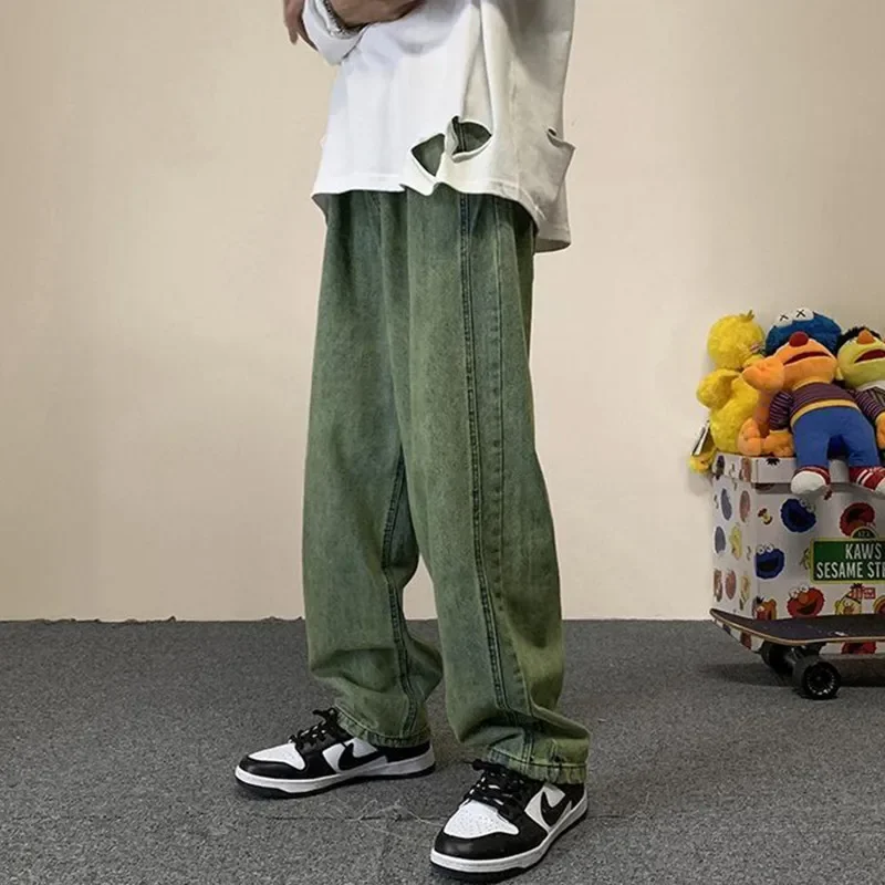 

Винтажные зеленые фиолетовые прямые мешковатые джинсы для мужчин, новая модель, джинсы с широкими штанинами и яркими линиями Y2k, джинсовые брюки