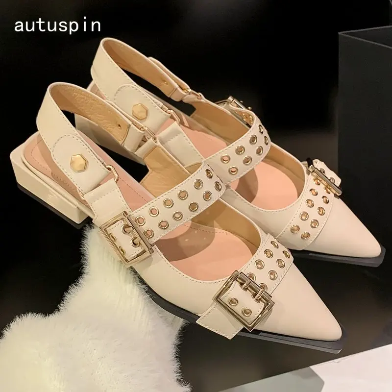

Autuspin Summer Thick Heels Fashion Women Slingbacks Pumps Genuine Leather Casual Shoes Street Style Pointed Toe Ladies Shoes
