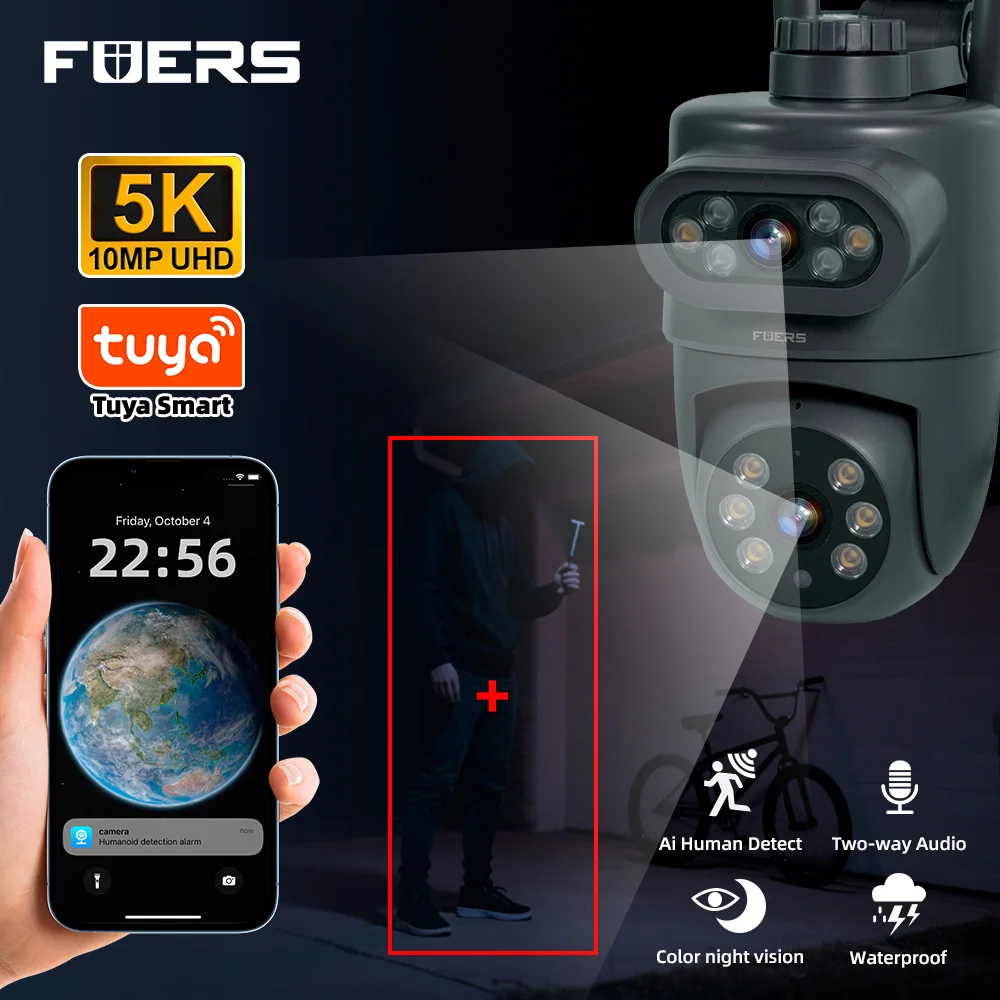 FUERS Tuya Smart 5K 10MP Dual Lens IP Camera Home Security Auto Tracking Wireless WIFI CCTV Surveillance Outdoor Camera 1M power 1
