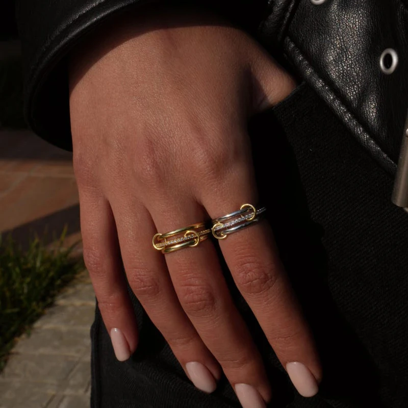 New Multi Connected Triple Layers Loop Ring for Women Gold Color Interlocked Link Stacking Rings CZ Zircon Punk Jewelry Bijoux