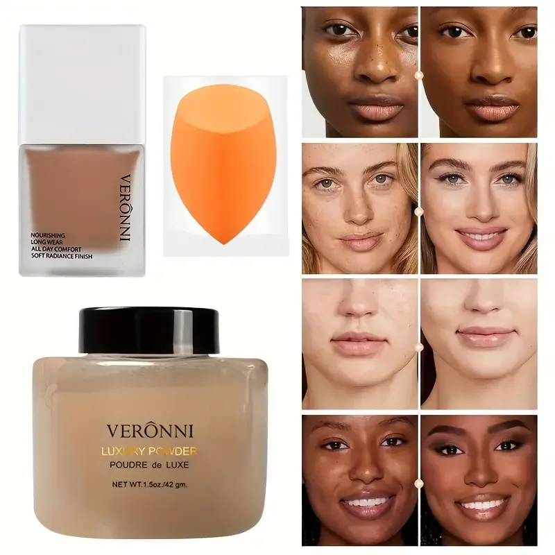 3-in-1 foundation setting powder & brush set for all skin tones oil control & concealer long lasting finish face makeup