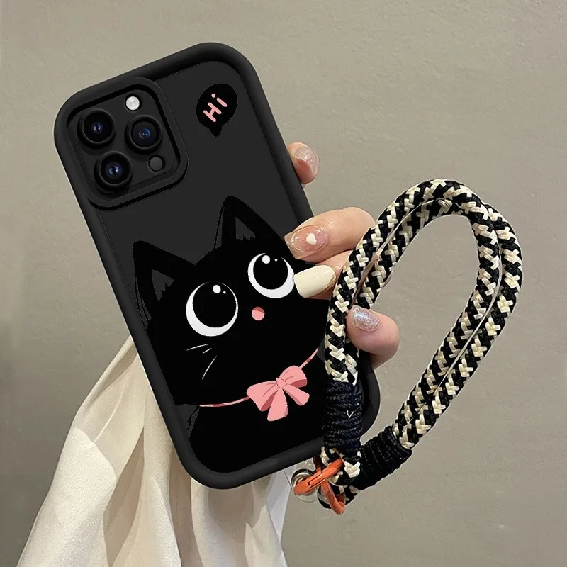 Charming Black Cat Silicone Phone Case with Hang Strap - Soft Protective Cover