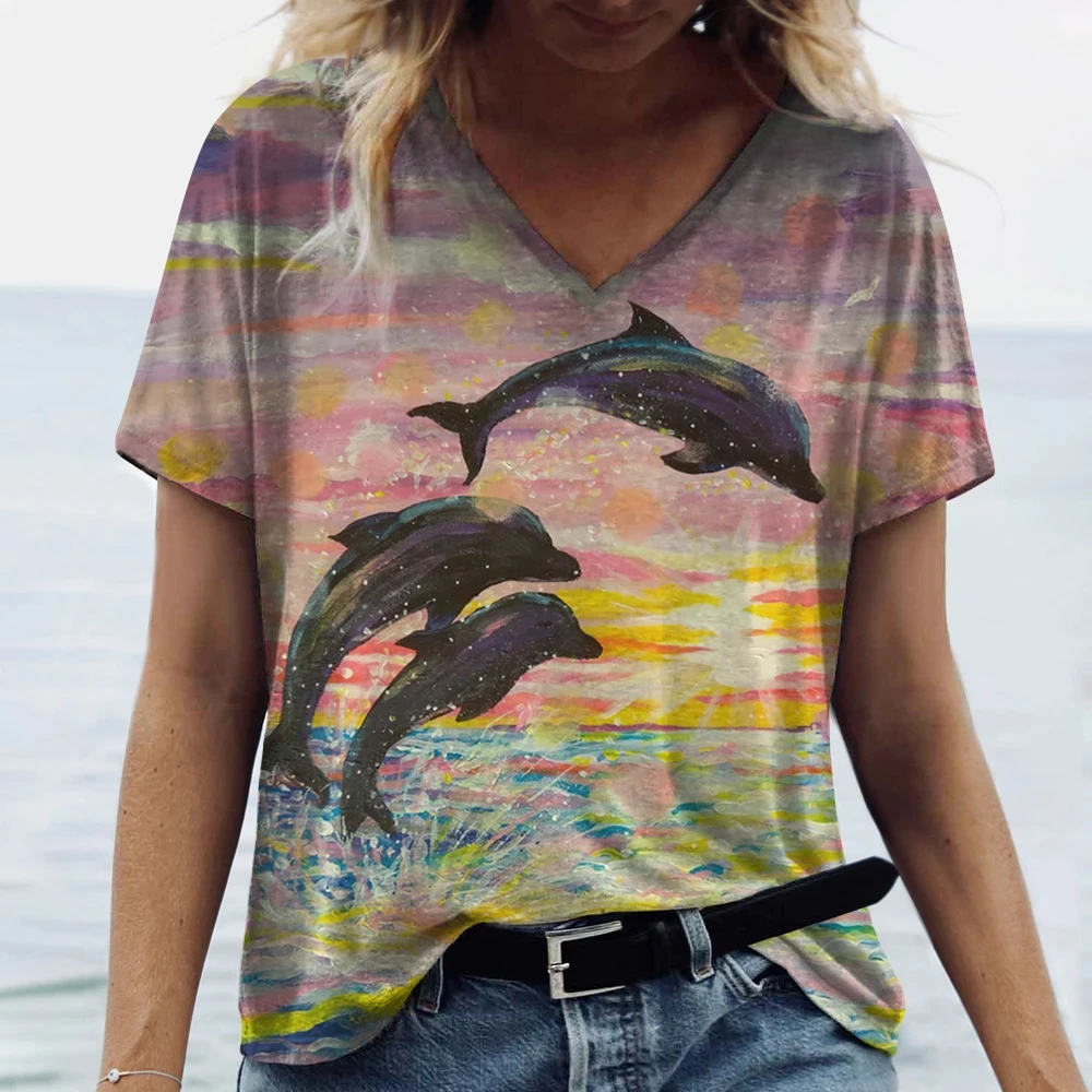 

2024 New Women's T-Shirts Beautiful Dolphin Print Tops Fashionable Loose Short Sleeve Shirts Ladie Oversized V Neck T-Shirts 5XL
