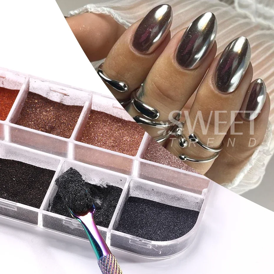 Nail Powder Nail Glitter Nail Pigment 12 Grids Winter Magic Mirror Nail Glitter Powder Dark Brown Gold Silver Pigment Trending Rubbing Dust Manicure Accessories