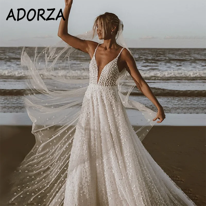 

ADORZA Wedding Dress Illusion V-neck Lace Appliques Bridal Gown Pockets Elegant Open Back Court Train Vestido De Noiva for Bride