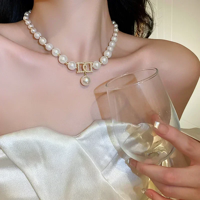 Women Elegant Pearl Clavicle Chain Collares Ladies Short Pendant Necklaces Earrings set Jewelry sets 2