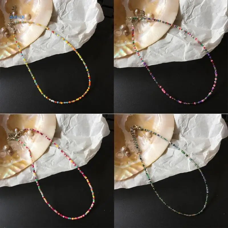 

Women Colorful Beaded Necklace Adjustable Clavicle Chain Bohemian Beads Choker