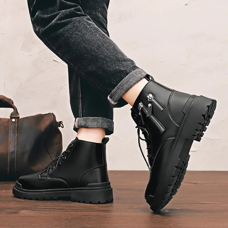 Men Fashion Work Boots Zipper Motorcycle Boots Waterproof High Top Comfortable Hiking Sports Shoes Motorcycle