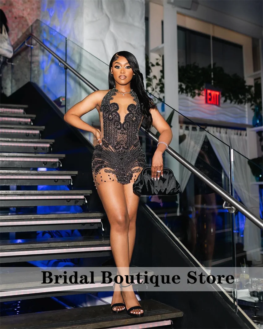Sexy Sparkly Diamonds Short Prom Dress Glitter Crystals Rhinestone Beads Homecoming Birthday Party Dress Robe Customized