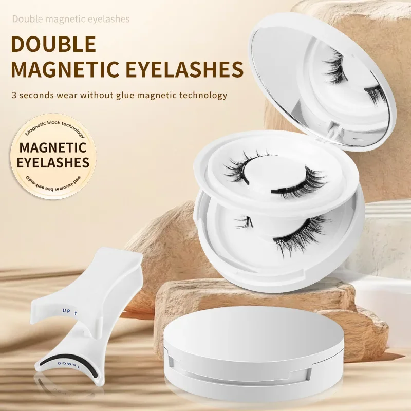 2pairs Magnetic False Eyelashes Glue-Free Mink False Eyelashes Natural Nude Makeup With Mirror Reusable Beauty