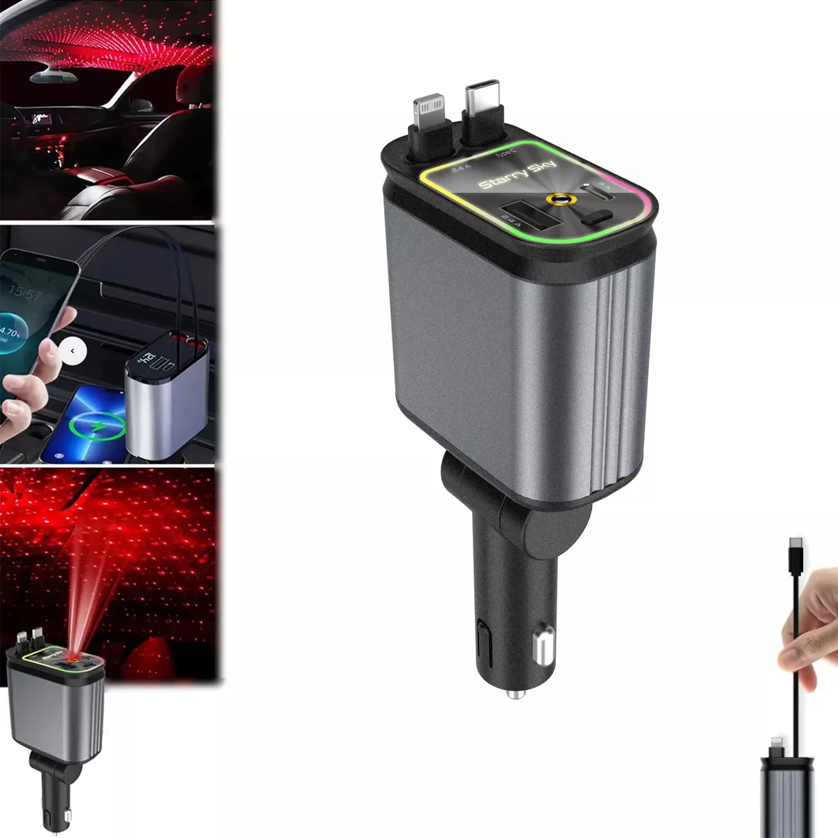 Car Charger 100W Retractable 4 in 1 Fast Compatible With iPhone 15/14/13/12 Pro Max XR iPad Samsung Pixel
