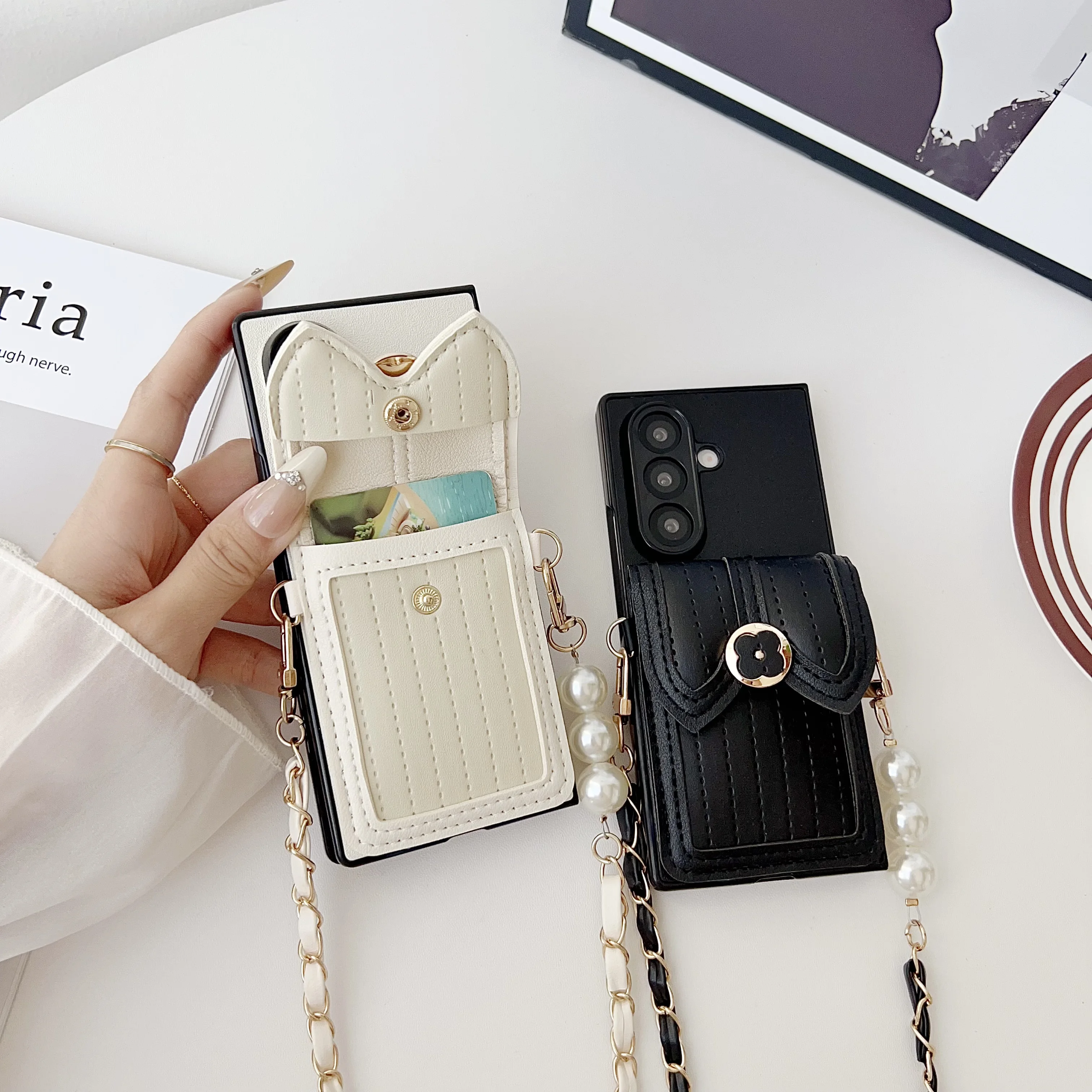 Luxury Pearl Rope Crossbody Leather Card Holder Case – High-End Protective Shell