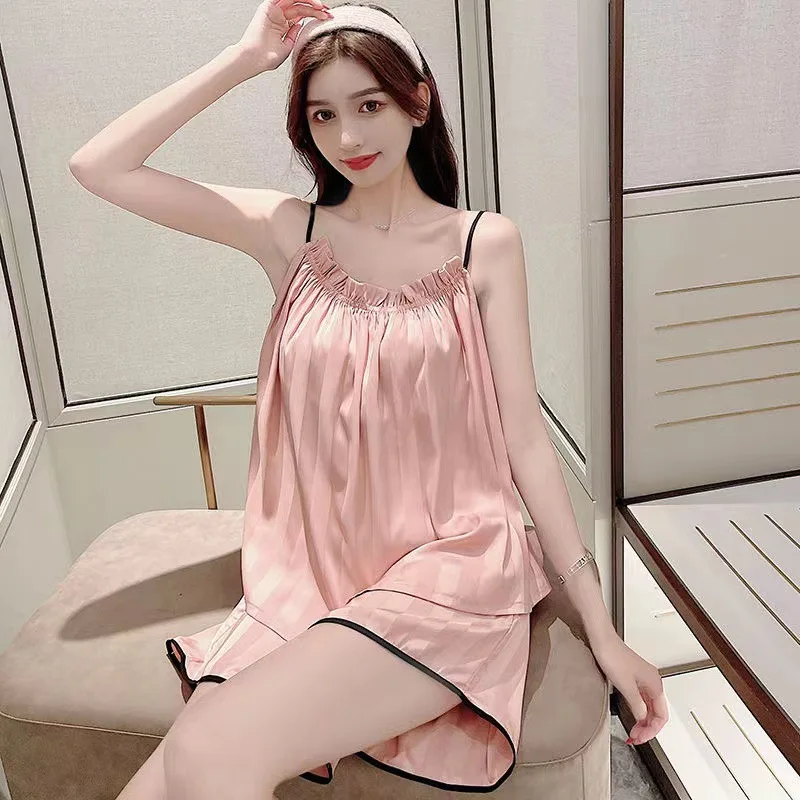 Women Pajamas Sets Faux Silk Satin Pyjamas Striped Print Pijama Pocket Female Sleepwear Lapel Sleeveless Top Shorts Homewear