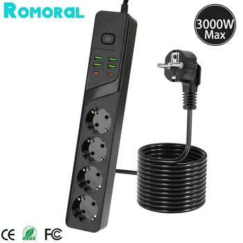 Standard Grounded Power Strip 4 EU Plugs Sockets 4 USB 2 Type C Ports Overload Protection With Extension Cable for Home Office 1