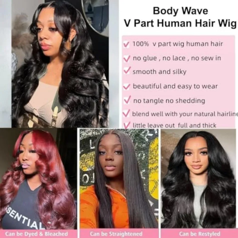 250 Density V Part Wigs Human Hair Body Wave Human Hair Wigs 100% No Sew-In Glueless Brazilian Hair Beginner Friendly 30 32 Inch