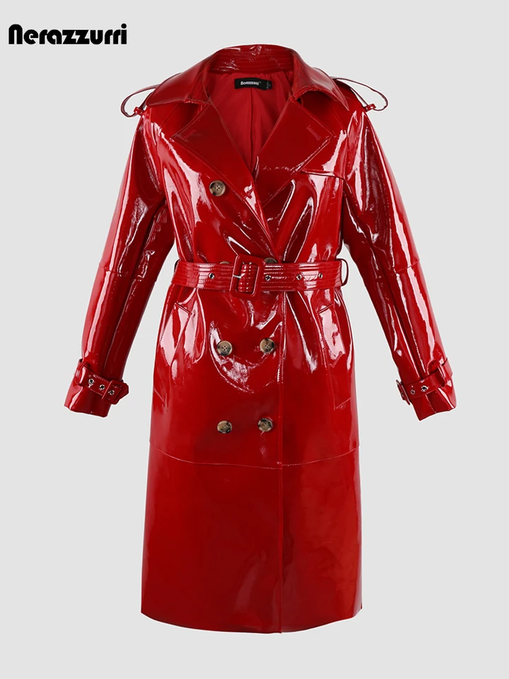 Nerazzurri Autumn Long Shiny Black Red Patent Pu Leather Trench