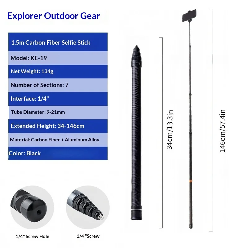 Ultra Long 3-Meter Carbon Fiber Adjustable Telescopic Invisible Selfie Stick