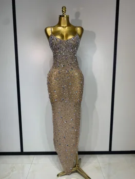 Luxury Rhinestones Sexy Mesh See Through Bodycon Dress Women Birthday Evening Cocktail party Gown Red Carpet Club Stage Outfit 1