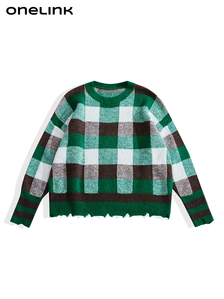 onelink-plus-size-women-autumn-winter-pullover-sweater-round-neck-row-hem-green-white-black-plaid-oversize-knitwear-clothing