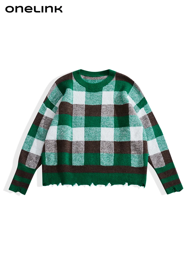 onelink-plus-size-donna-autunno-inverno-pullover-maglione-girocollo-fila-orlo-verde-bianco-nero-plaid-maglieria-oversize-abbigliamento