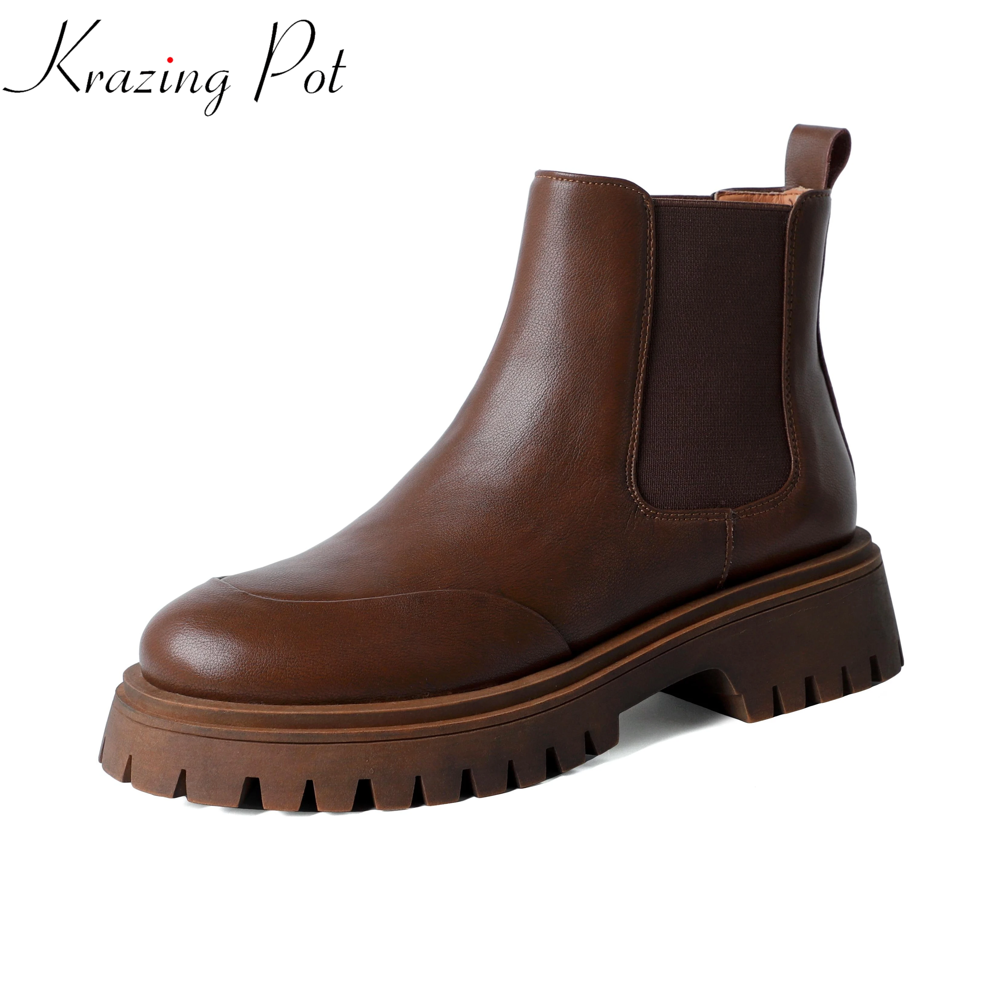 

Krazing Pot Cow Leather Round Toe High Fashion Flat Platform Chelsea Boots Slip on Leisure Keep Warm Street Winter Ankle Boots