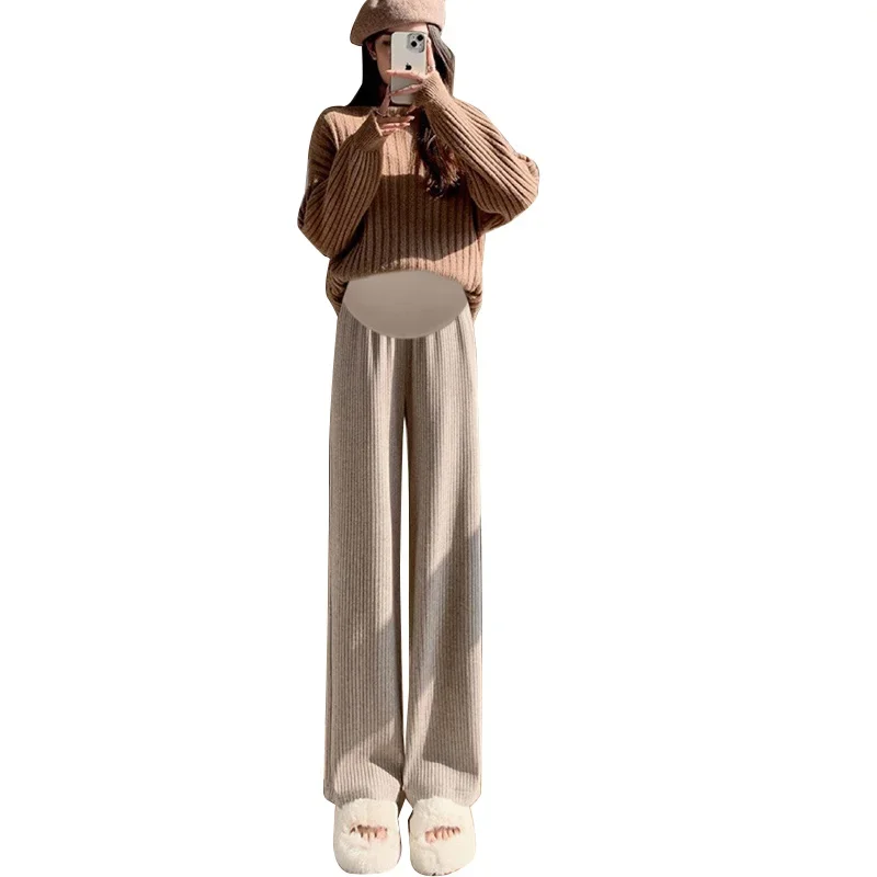 Pregnant Women Pants Knitted Wide Leg Trousers Pring Plush Thickened New Straight Tube Drape Casual Maternity Clothes 6