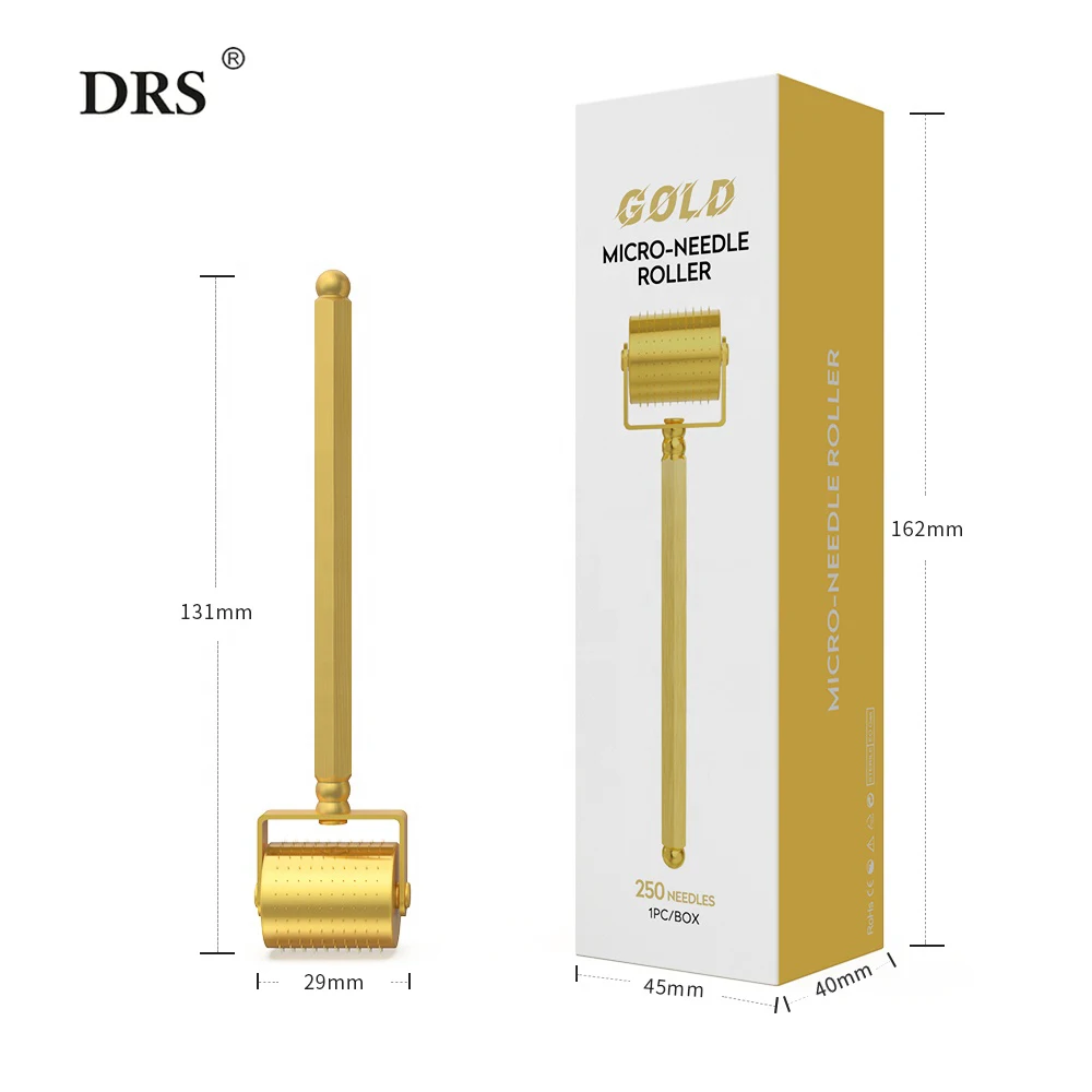 Deluxe New Design Golden Derma Roller 250 Fine Medical Titanium Gold Micro Needles Dermaroller Per La Crescita Della Barba E La Cura Del Viso