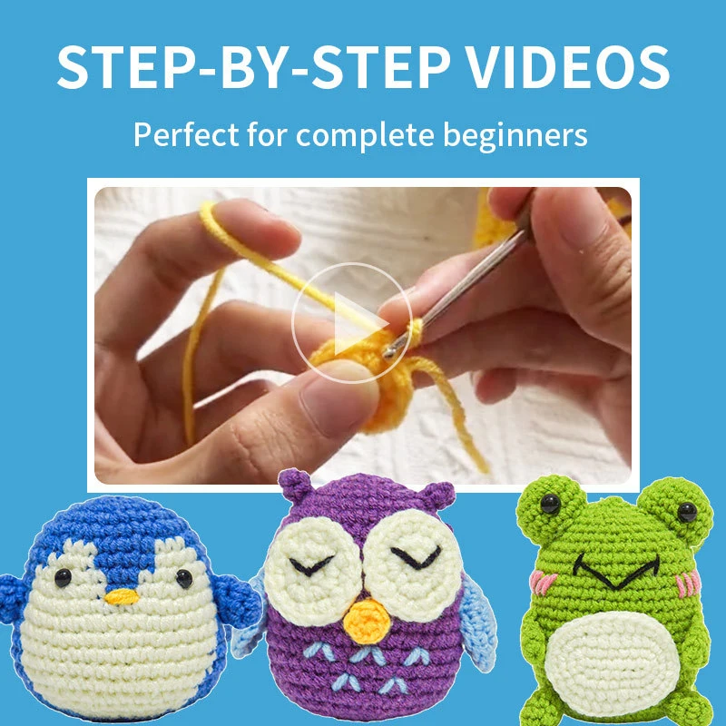 Crochet Kit For Beginner Crochet Knitting Kit Cute Frog Owl Penguin Animal Dolls Starter Pack with Tool Set and Instruct