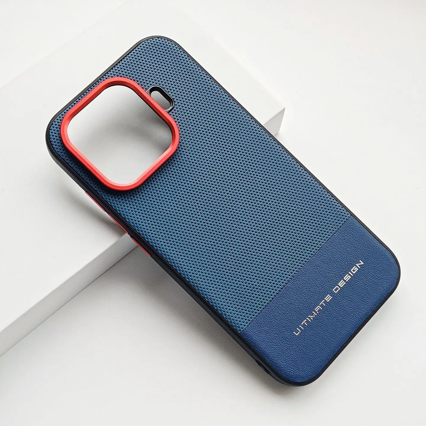 Triangular Textured Leather Case with Red Ring Lens Frame and Shockproof Bumper - Simple Red