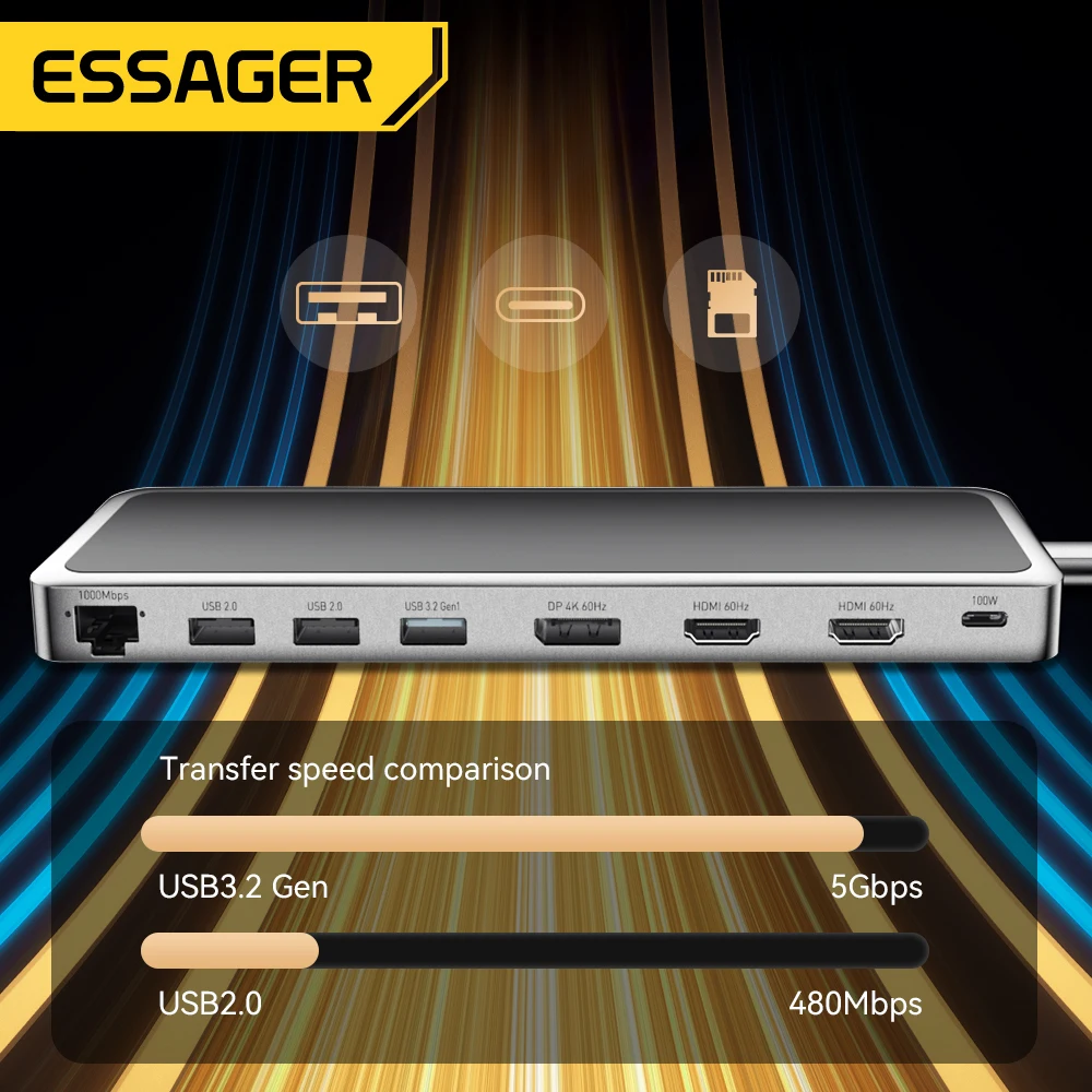  - Essager 12 in 1 USB Type C Hub 4K 60HZ Docking Station Laptop HDMI-Compatible DP RJ45 SD TF For MacBook Air Pro Adapter Splitter