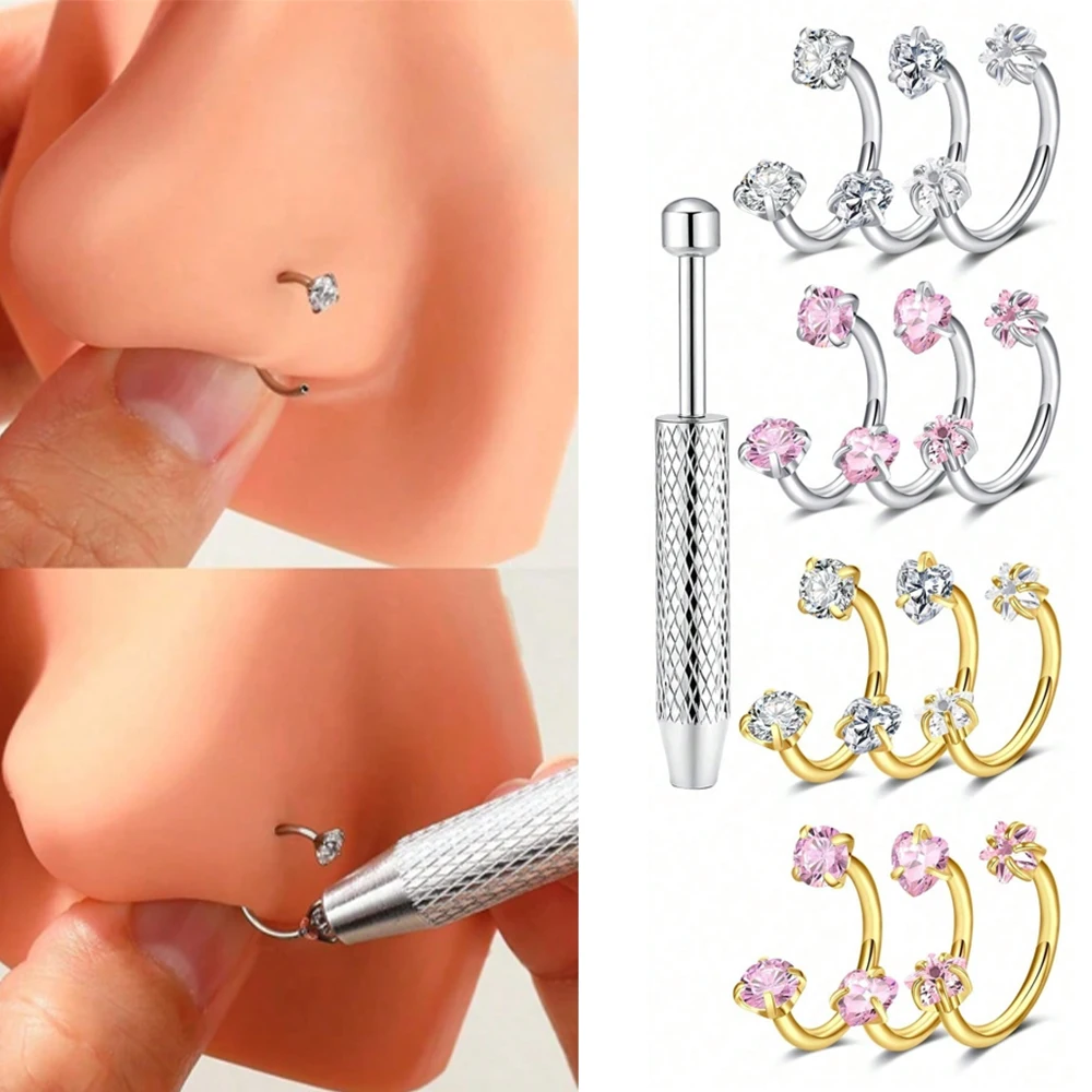 18G 2pcs Horseshoe Nose Rings Studs With 1pc Piercing Taper Ball Grabber Stainless Steel Double Cubic Zirconia Nose Studs