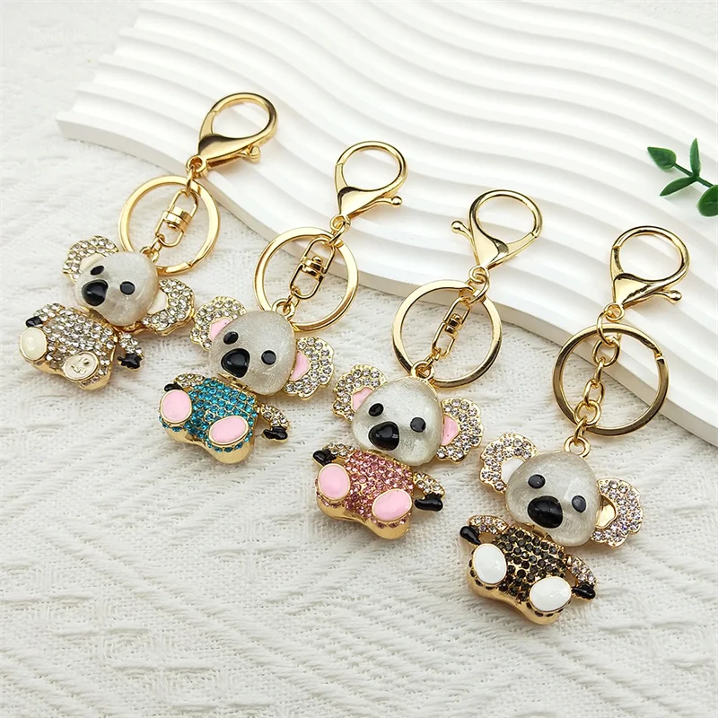 Niedlicher Koala-Strass-Schlüsselanhänger für Damen und Herren, Edelstahl, goldfarben, Tierglanz, Damentasche, Charm-Anhänger, Schlüsselanhänger, Schmuck