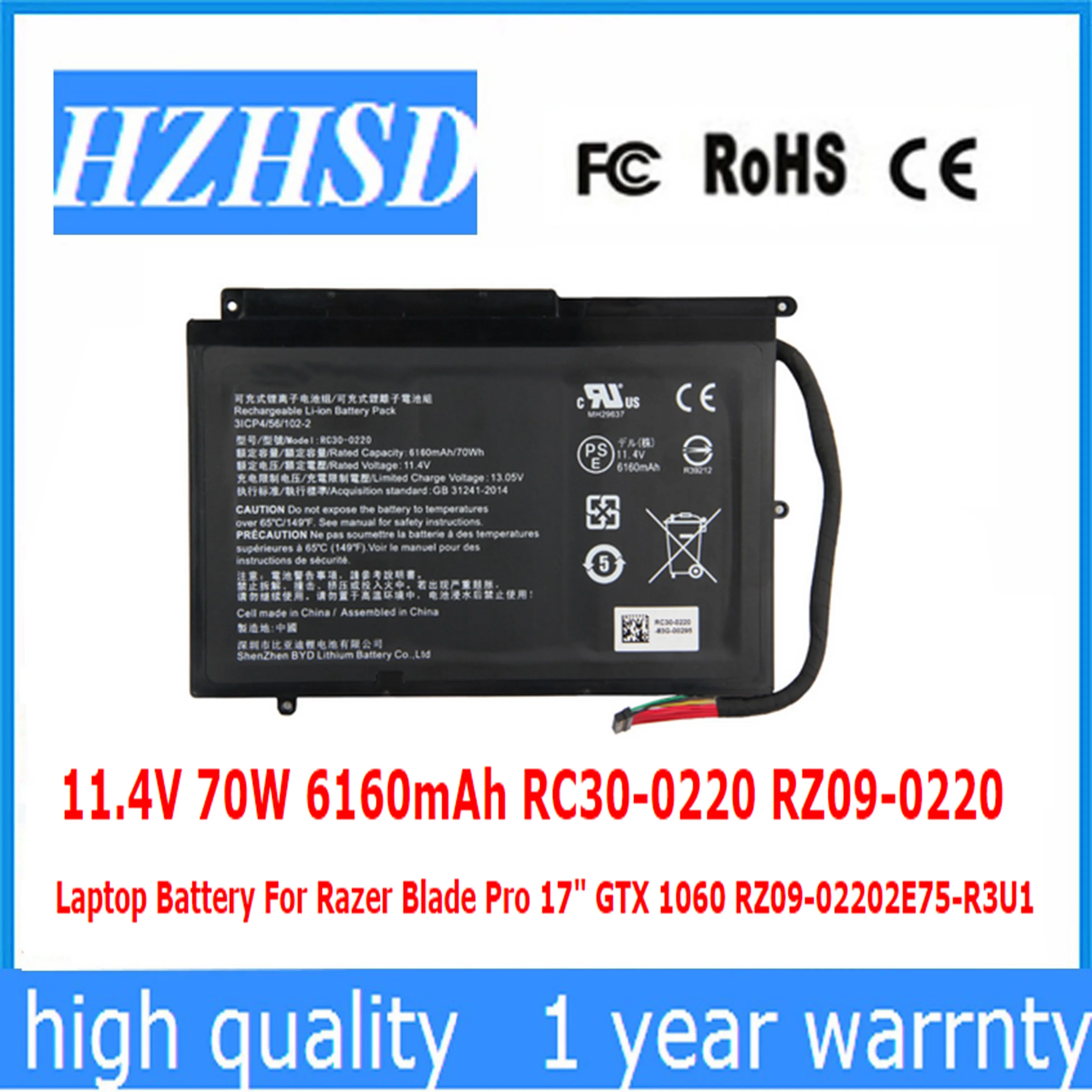 Batteria Per Laptop 11.4V 70W 6160Mah Rc30-0220 Rz09-0220 Per Razer Blade Pro 17 "Gtx 1060 Rz09-02202E75-R3U1