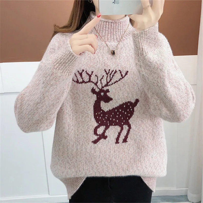 

Fashion Half High Collar Mink Cashmere Sweater Women Short Pullover Autumn Winter Thick Embroidery Long Sleeve Knit Tops Female