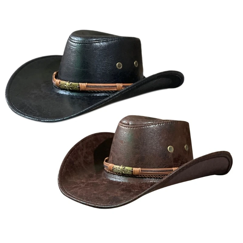 

Wide Brim Western Cowboy Hat Breathable Gentleman Hat Summer Holiday Decors Mountaineering Hat Vintage Carving Belt