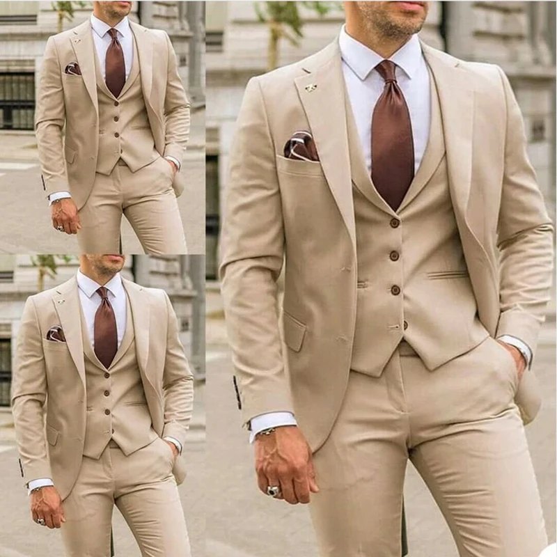 

Elegant Champagne Men's Suits Blazer Single Breasted Notched Lapel Wedding Groom Regular Length Luxury 3 Piece Jacket Pants Vest