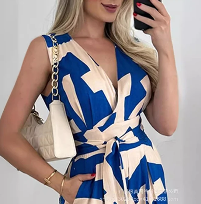 Women's Elegant Jumpsuit 2024 Spring Summer Latest Casual Sleeveless Printed Loose Fitting Romper Tempera Commanding Bodysuit
