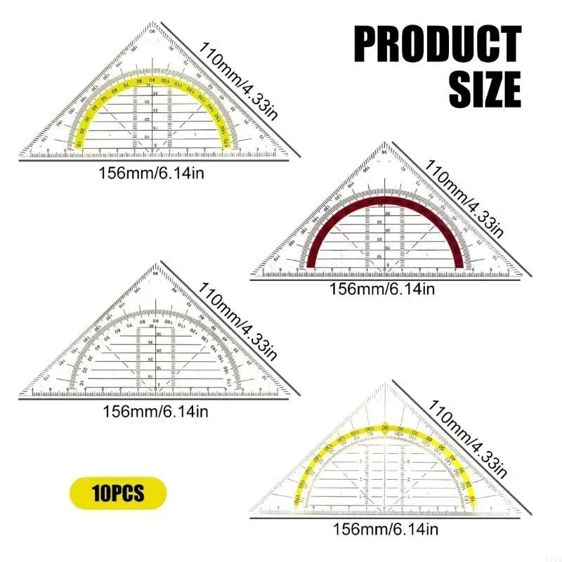 L74A 10Pcs 2-in-1 세트 정사각형 눈금자 180 수학 각도기 엔지니어링 제도를위한 다기능 기하학 그리기 도구