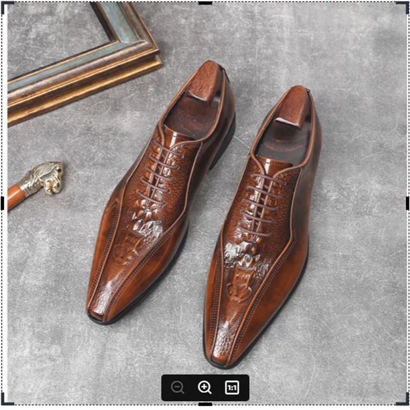 Shoe Guy. Leather dress shoes for men, crocodiles embossed, fashionable men, groom's style, large size