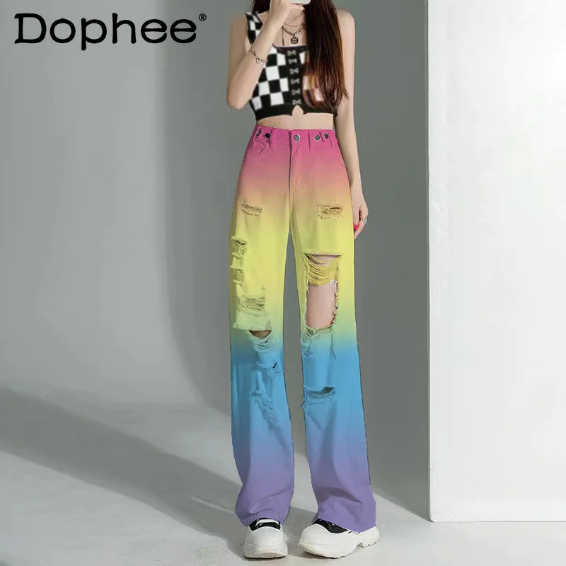 

New Fashion Design Tie-Dyed Rainbow Ripped Jeans For Women Summer High Waist Long Straight Drooping Wide Leg Pants Women's Pants
